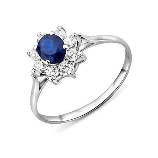 Miore anello donna solitario anello di fidanzamento zaffiro blue con zirconi taglio brillante oro bianco 9 kt / 375