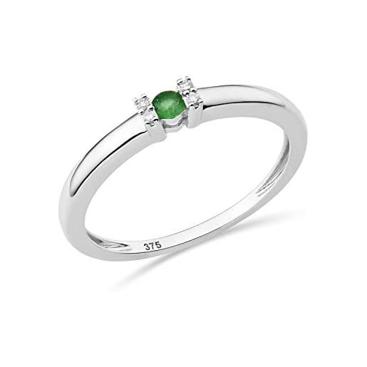 MIORE anello di fidanzamento con 4 diamanti naturali da 0,02 carati e smeraldo verde naturale da 0,06 carati in oro bianco 375 da 9 carati