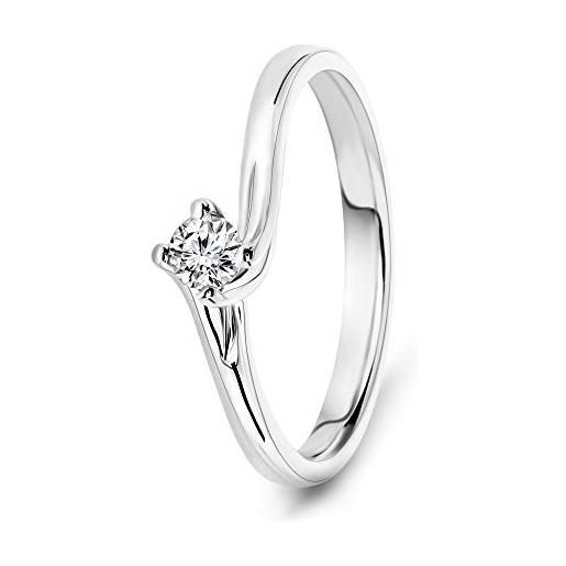 MIORE anello donna solitario con diamante taglio brillante ct. 0.12 in oro bianco 18 kt 750, anello realizzato a mano da maestri orafi di valenza po