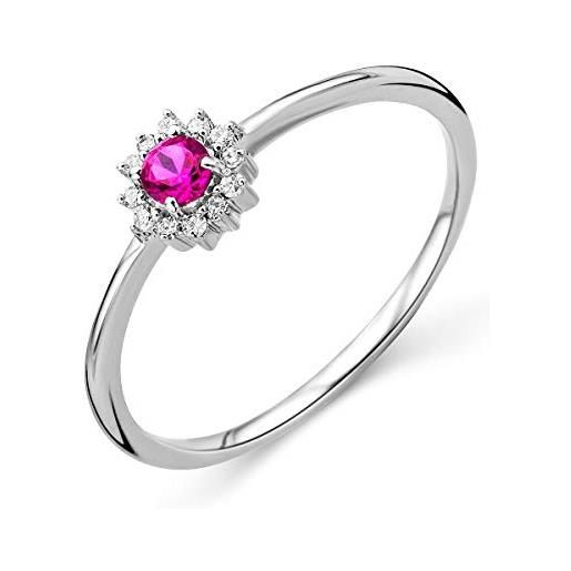 MIORE anello classico da donna oro bianco con rubino centrale e diamanti naturali, vero oro 9kt 375, anello di fidanzamento anallergico con gemme brillanti e contorno di diamanti. 