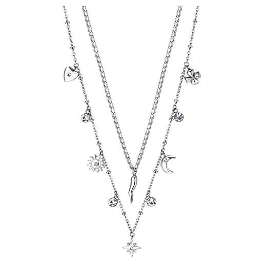 Brosway collana girocollo donna in acciaio con simbolo cornetto/cuore/luna/quadrifoglio, collana donna collezione chant - bah45