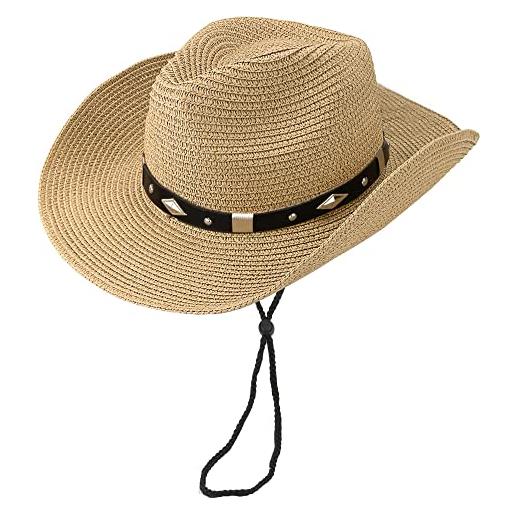 HilyBony appelli da sole in paglia per donna cappello da cowboy cappello da sole in paglia a tesa larga protezione dai raggi uv cappello da sole estivo da spiaggia con cintura