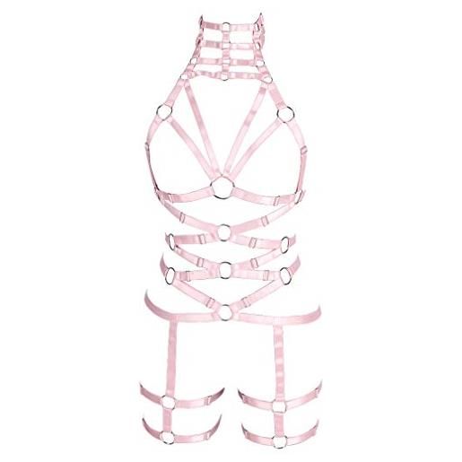 BBOHSS femminile body harness reggiseno giarrettiera morbido hollow carnevale danza accessori punk gotico cintura regolabile (0004), rosa, taglia unica