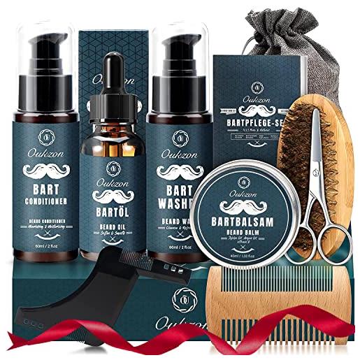 Oukzon kit barba per uomo, 10 in 1 set regalo cura della barba uomo completo professionale per marito papà - con shampoo barba, balsamo, olio, crema, pettine, spazzola, forbici, modello barba e sacca viaggio