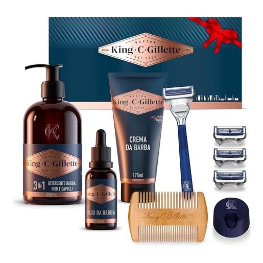 King C. Gillette kit barba uomo, rasoio a mano libera, 3 lamette per pelli sensibili, 1 pettine, olio, gel e detergente, kit professionale per la cura della barba, idea regalo uomo