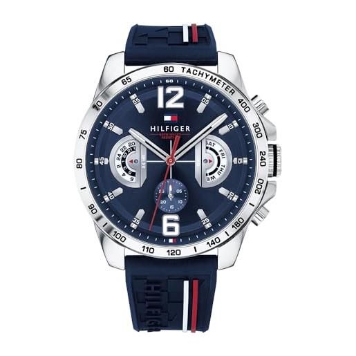 Tommy Hilfiger orologio analogico multifunzionale al quarzo per uomo con cinturino in silicone, acciaio inossidabile o pelle, sottoquadranti per giorno e data, resistente all'acqua fino a 5atm. 