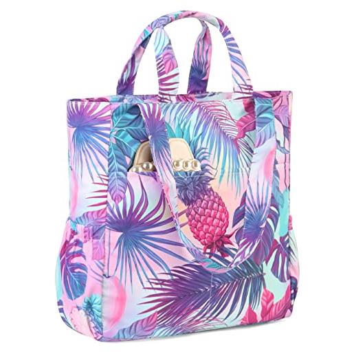 VASCHY borsa mare da spiaggia grande donna in tela impermeabile con chiusura a tracolla vacanza shopping da spalla estiva da viaggio ananas viola