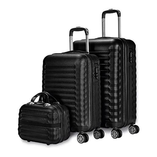 NUMADA - set di valigie 3pzs (53/63cm) e borsa da toilette nero, abs resistente, leggero con 4 ruote doppie e lucchetto combinazione laterale