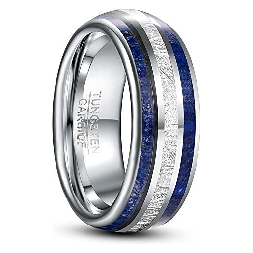 TUNGSTORY 8mm anello di fidanzamento in argento per uomo intarsio di imitazione meteorite e lapislazzuli blu anello in carburo di tungsteno comfort fit taglia 17.5