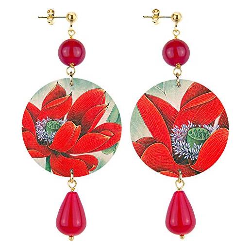 In lebole collezione the circle fiore rosso fondo celeste orecchini da donna in ottone pietra rubino