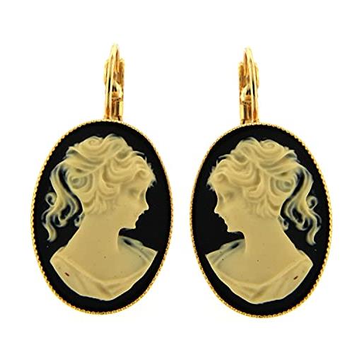 Mokilu' - gioielli - orecchini vintage - donna - ottone dorato 24kt - cammeo centrale ovale nero