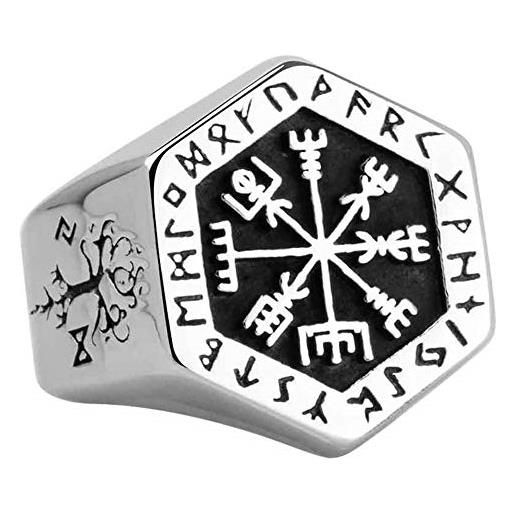 ForFox anello rune e bussola vegvisir vichingo nordico in acciaio titanio con valknut e albero della vita per uomo donna taglia 30
