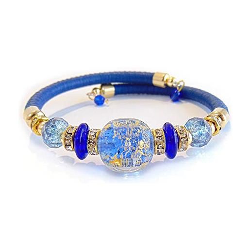 VENEZIA CLASSICA - bracciale da donna con perle in vetro di murano originale e vera pelle toscana, collezione diana, con foglia in oro 24kt, made in italy certificato (blu)