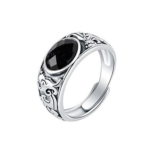 SA SILVERAGE anello nuziale da uomo in argento sterling 925 con agata nera, regolabile, anello in argento, argento, pietra di sabbia di cristallo nero