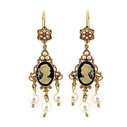 Mokilu' - gioielli - orecchini vintage - donna - ottone dorato 24kt - cammeo - perle