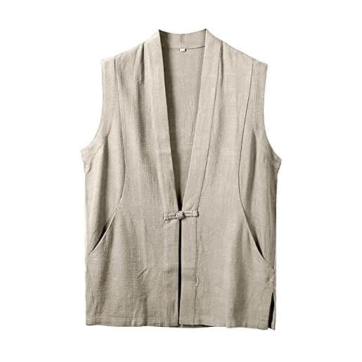 Gefomuofe gilet in lino, da uomo, vestibilità normale, casual, per il tempo libero, cachi, xl