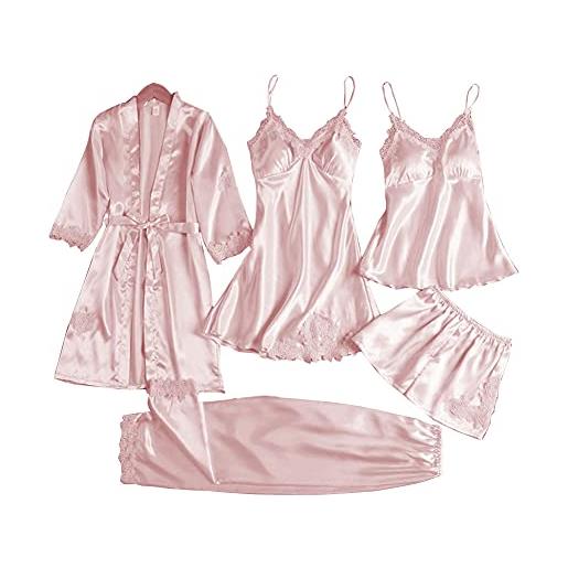 DEBAIJIA donna pigiama camicia notte 2 pezzi imitava la seta signora raso da accappatoio femminile sleepwear traspirante accogliente (rosa-xl)