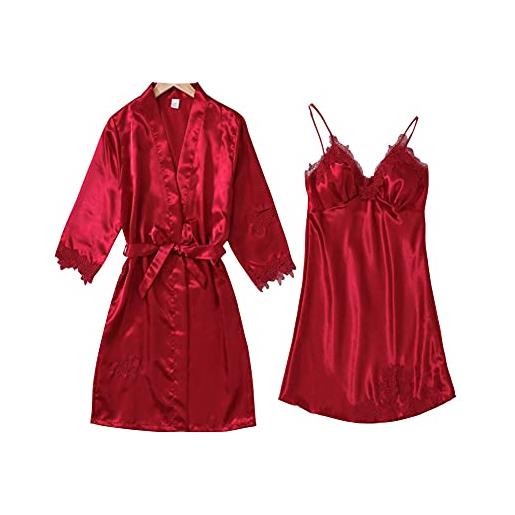 DEBAIJIA donna pigiama camicia notte 2 pezzi imitava la seta signora raso da accappatoio femminile sleepwear traspirante accogliente (nero-l)