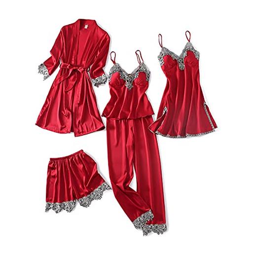 DEBAIJIA donna pigiama camicia notte 5 pezzi imitava la seta signora vestaglia signora raso da accappatoio femminile sleepwear accogliente traspirante (rosa-xl)
