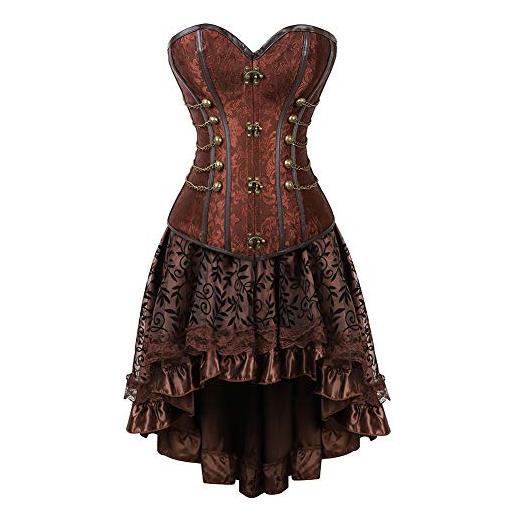 WLFFW bustino corsetto donna medievale e gonna tutu steampunk catene (eu(46-48) 5xl, marrone)