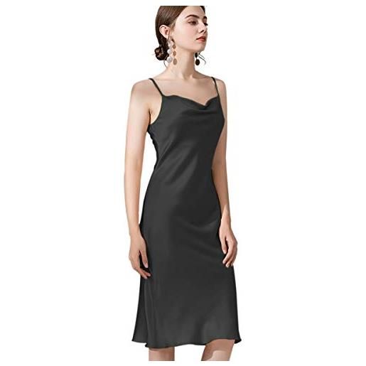 DEBAIJIA donna camicie da notte sexy raso di seta vestaglia sottoveste lunga vestito pigiama senza maniche traspirante leggero (nero-m)