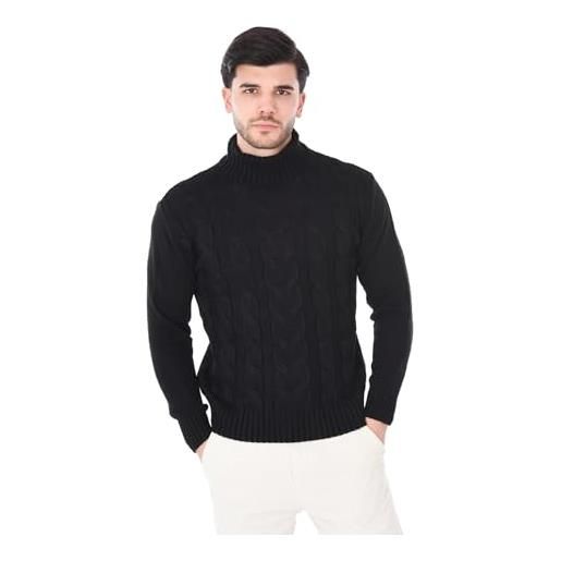 Ciabalù maglione uomo invernale made in italy lana collo alto dolcevita trecce lupetto maglioncino (blu, s)