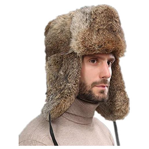 SHKJYSPJ cappello invernale da uomo in pelliccia di coniglio da aviatore russo, cappello invernale russo in pelliccia sintetica cappello da cosacco, cappello da aviator eunisex in fintapelle（marrone xl）