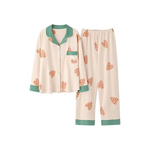 DEBAIJIA donna pigiama due pezzi set maniche lunghe sleepwear camicia da notte signora indumenti notte femminile morbida (beige verde-l)