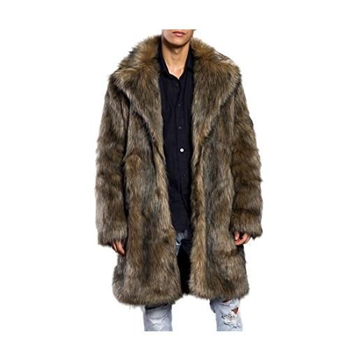 AKAUFENG cappotto di pelliccia da uomo lungo con tasca giacca di pelliccia da uomo, marrone, s