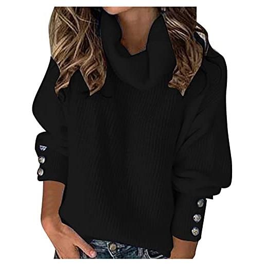 Briskorry maglione da donna a collo alto, a maglia grossa, invernale, caldo, a maniche lunghe, con bottoni decorativi, per dolcevita, nero-9. , xxl