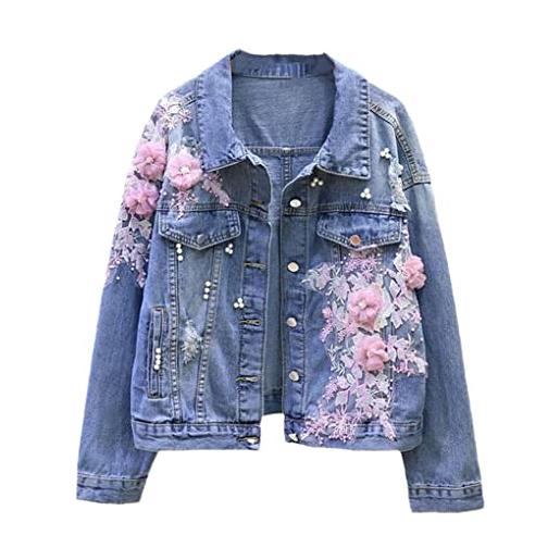 SaoBiiu giacca di jeans da donna ricamo giacca di jeans floreale dimensionale con perline capispalla con foro strappato di perle pink l