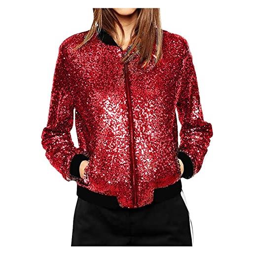 KBOPLEMQ giacca da donna con paillettes lucide, a maniche lunghe, da baseball, da motociclista, con colletto alto, per l'autunno, la primavera, regali per le donne, colore: rosso, s