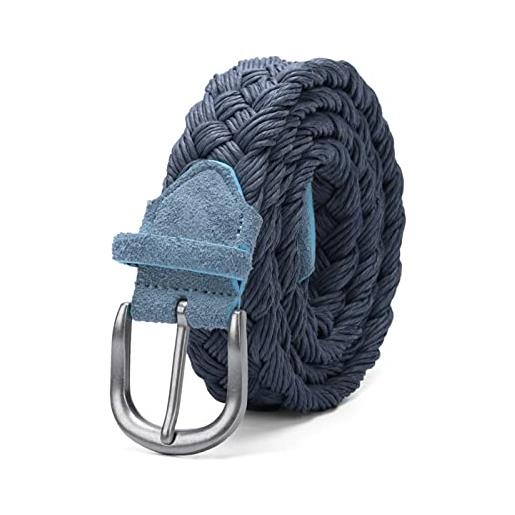 Elegantyl cintura da uomo in pelle scamosciata con cintura intrecciata in corda di cera fibbia argentata senza fori cinture da lavoro manuale in tessuto di cotone, blu, 100cm
