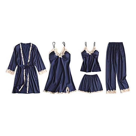 DEBAIJIA donna vestaglia 5 pezzi raso camicia da notte sexy pigiama kimono scollo v indumenti da notte sleepwear traspirante (blu scuro-xl)