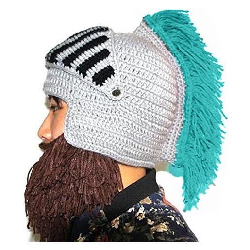 YEKEYI, parrucca con barba, per cosplay, per cavalieri, antichi romani, con elmo realizzato a maglia, per l'inverno, per fare sport e sciare, berretto divertente, maschera, blu cielo, taglia unica