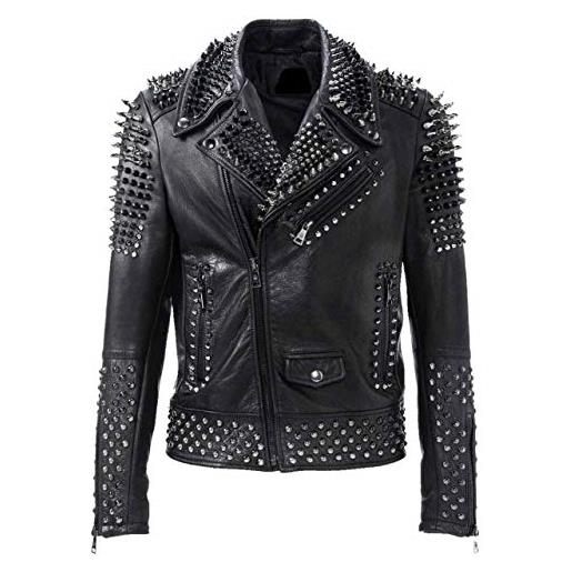 Fashion_First brando - giacca da motociclista in pelle nera con borchie, stile rock, punk, da uomo, nero , l
