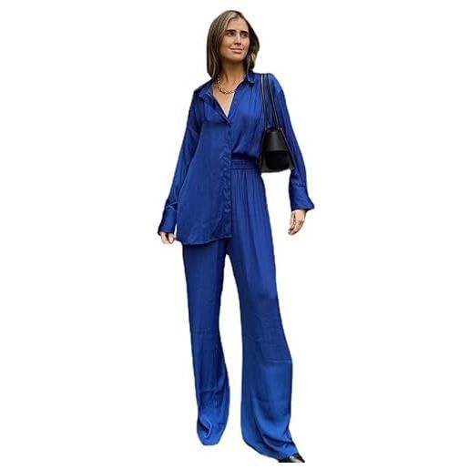 Tooe omens - set di 2 pantaloni a gamba larga in seta casual a maniche lunghe, blu, large