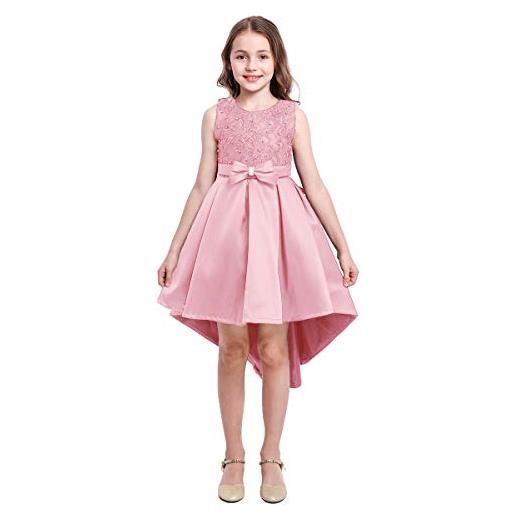 FYMNSI vestito da ragazza fiore ricamo corto davanti lungo dietro senza maniche hi-lo pieghettato tutu elegante abito da cocktail cerimonia sera compleanno festa matrimonio damigella rosa 7-8 anni