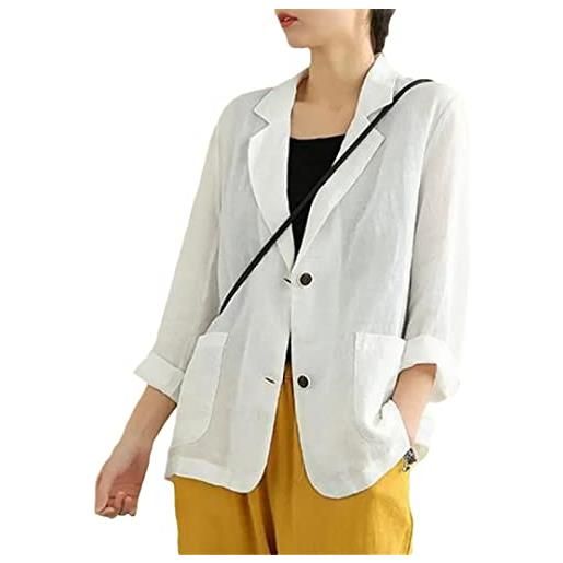Ownwfeat giacca da donna slim fit cotone lino top primavera ed estate cappotto corto sottile con risvolto monopetto, auburn, s