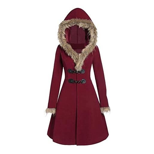 Qtinghua women's warm faux fur hooded jacket vintage fleece lined winter parka long coats waterproof jackets (wine red, small)