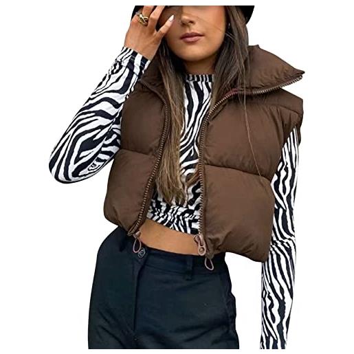 Qtinghua women's zip up stand collar sleeveless padded cropped puffer quilted vest winter jacket (brown, medium)
