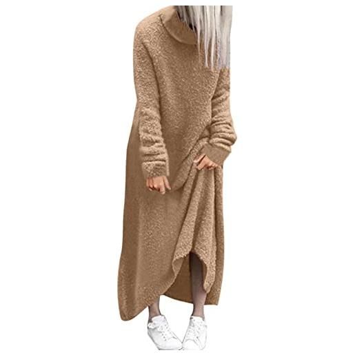 NBHY vestito per il tempo libero da donna, in peluche, casual, tinta unita, a collo alto, a maniche lunghe, largo, lunghezza alla caviglia, comoda maglietta larga, maxi abito invernale, colore: rosso, l