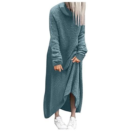 NBHY vestito per il tempo libero da donna, in peluche, casual, tinta unita, a collo alto, a maniche lunghe, largo, lunghezza alla caviglia, comoda maglietta larga, maxi abito invernale, blu, l