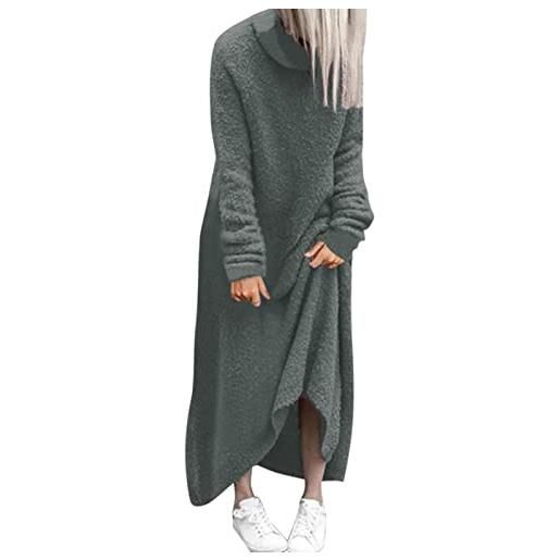 NBHY vestito per il tempo libero da donna, in peluche, casual, tinta unita, a collo alto, a maniche lunghe, largo, lunghezza alla caviglia, comoda maglietta larga, maxi abito invernale, grigio. , xl