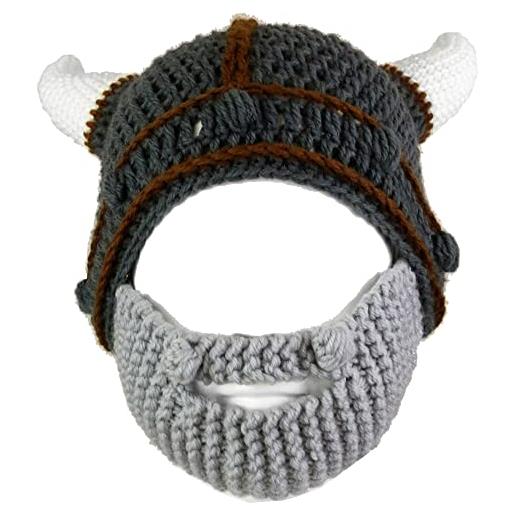 YEKEYI casco lavorato a mano e barba rimovibile barbarian knight knit hat viking horns beanie funny caps, grigio, l