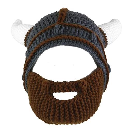 YEKEYI cappello lavorato a maglia fatto a mano e barba rimovibile barbarian knight knit hat viking horns beanie funny caps, caff, l