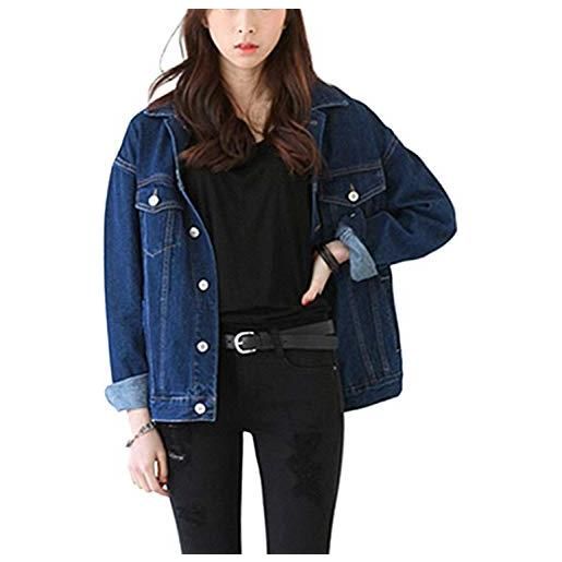 Huixin giacche jeans donna autunno elegante moda outerwear manica lunga bavero single breasted coat con tasche baggy giaccone casual moda giovane outwear (color: blu, size: l)