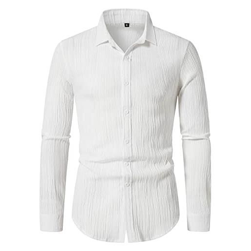 Generic maschio casual autunno cotone camicia solida a righe colletto rovesciato bottone manica lunga camicetta camicia uomo con ricamo, bianco, l