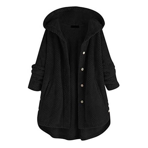 MJGkhiy giacca di peluche invernale da donna, calda e oversize, in pile a tinta unita, con cappuccio e cerniera, 004-nero, m