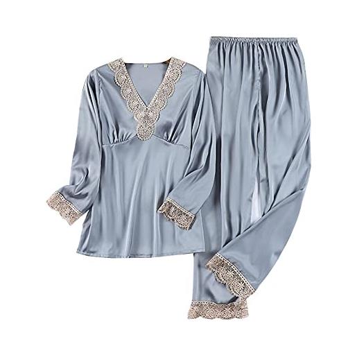 DEBAIJIA donna pigiama camicia notte 2 pezzi imitava la seta signora raso da accappatoio femminile sleepwear traspirante accogliente (grigio blu-l)